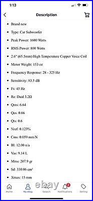 2 Custom High Performance 3200 Watt Max Dual 4 Ohm Voice Coil 10 Inch Subwoofer